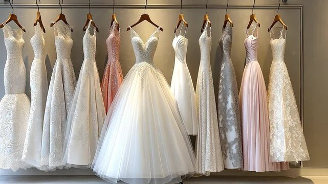 Wedding gowns dangling from a hook