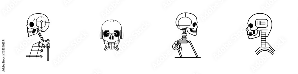Poster a sketch of a robotic skull with a futuristic design, detailed with mechanical elements and a menaci