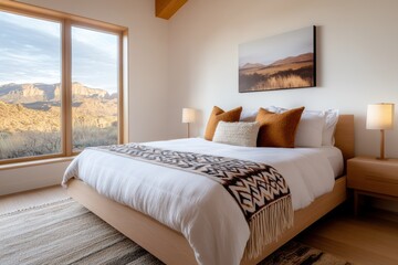 southwestern bedroom, bright southwestern bedroom with adobe walls, large windows framing a desert view, and a cozy handwoven blanket on the bed