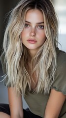 Naklejka premium A dirty blonde hairstyle with darker roots, styled in soft waves.