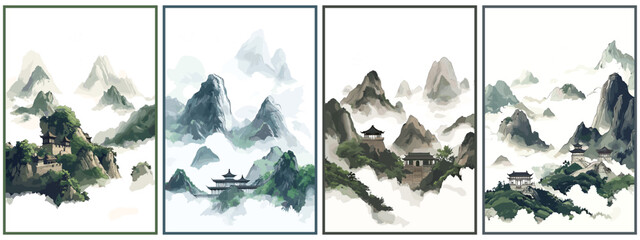 Chinese temple in the cloudy mountains vertical backgrounds set. Green vegetation ancient architecture. East asian culture beauty of nature tranquillity wall art poster banner. Cartoon style vector