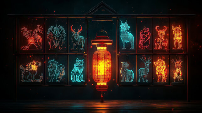 Abstract representation of Chinese zodiac symbols illuminated with a vibrant lantern for New Year