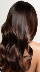 Naklejka premium A dark brown hairstyle with warm bronze highlights, styled in beachy waves.