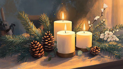 Multiple candles with evergreen branches and pinecones, winter foliage, rustic elegance, calming atmosphere, peaceful haven. Haven. Illustration