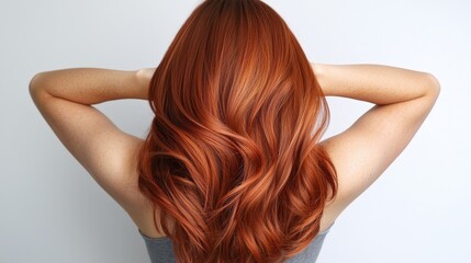 Fototapeta premium A crimson red hairstyle with subtle golden highlights interwoven.