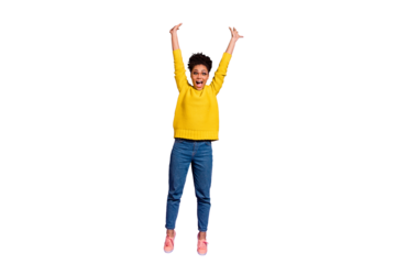 Full length body size view portrait of her she nice attractive cheerful cheery excited optimistic wavy-haired girl having fun time rising hands up isolated over bright vivid shine violet background