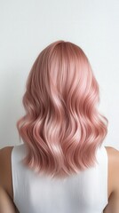 Fototapeta premium A coral pink hairstyle styled in soft waves, glowing against the white background.