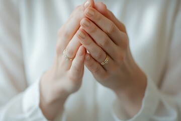 Close-up of woman's hands delicately clasped together, adorned with gold rings.