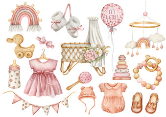 Pink watercolor boho nursery clipart. Baby girl illustrations. Birthday invitation clipart. Welcome baby items © Oksana