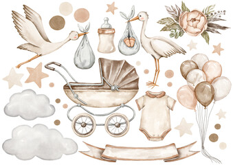 Watercolor boho nursery clipart. Stork baby shower illustrations. Stork carrying baby. Neutral nursery items © Oksana