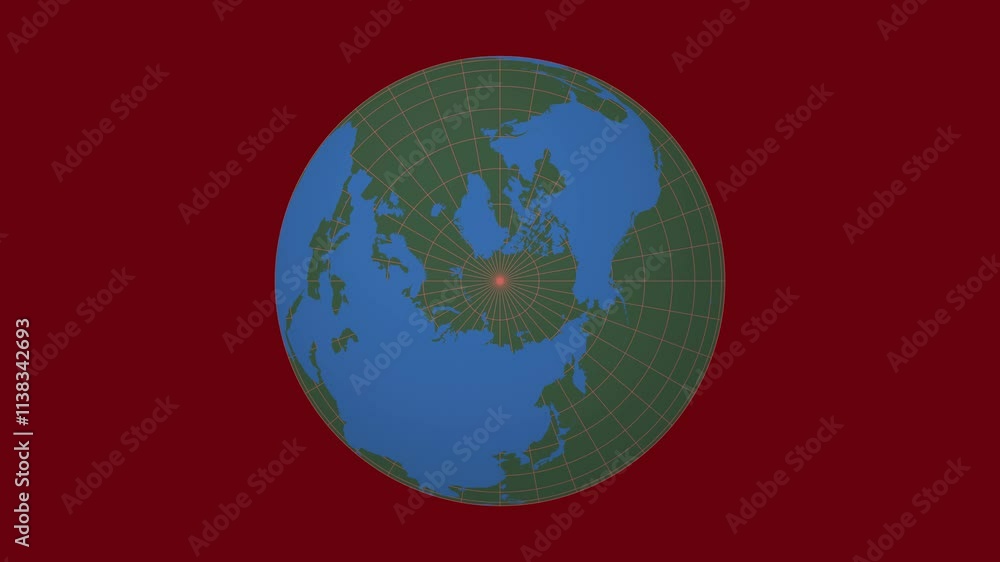 Poster spinning globe. north pole sphere view. fast speed globe rotation. solid color style. world map with