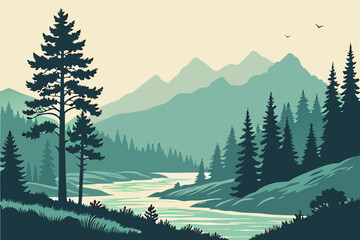 Minimalist vector landscapes with mountains, forests, and rivers in soft gradient tones, ideal for posters, wallpapers, or websites..