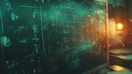 Abstract View of a Classroom with Complex Mathematical Equations and Formulas Written on a Dark Chalkboard, Illuminated by Warm Ambient Light