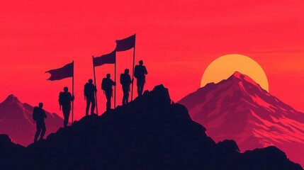 Naklejka premium A stylized mountain climb with teams carrying strategy flags toward glowing market leadership summit, teamwork in competition concept