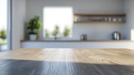 Kitchen Table Background: A warm wooden countertop with a blurred white interior, perfect for showcasing dining or home decor in a cozy, inviting space.
