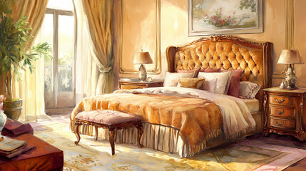 Chic bedroom features tufted headboard and luxurious textures: a haven of elegance and comfort. Haven. Illustration