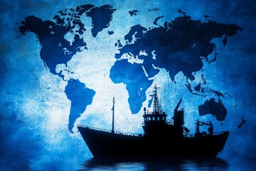 Cargo ship sailing towards sunset with world map background representing global trade