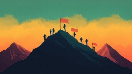 Fototapeta premium A stylized mountain climb with teams carrying strategy flags toward glowing market leadership summit, teamwork in competition concept
