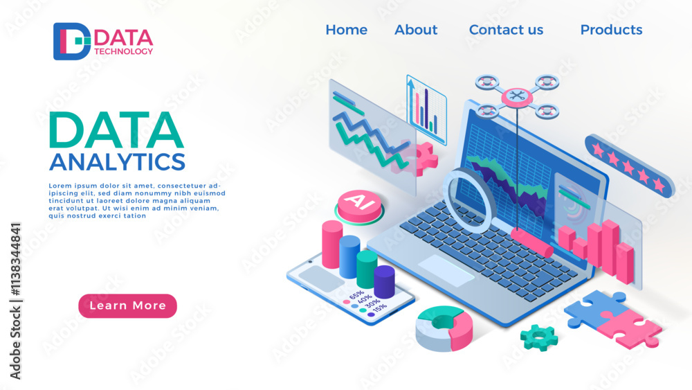 Poster Data report landing page. Digital business infographic with 3D chart. Financial graph. Website template. Modern technology. SEO progress showing in search results. Vector background
