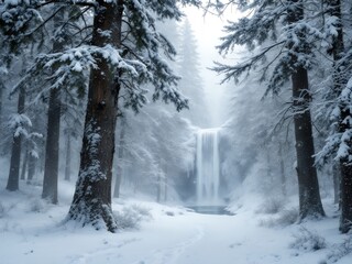 winter forest in the fog background of snow and blurred forest in background, Gently falling snow flakes against blue sky