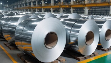 Rolls of galvanized steel sheet inside the factory or warehouse