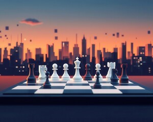 A stylized chessboard floating above a vibrant cityscape, pieces glowing to represent market competitors and strategies