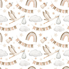 Neutral beige watercolor boho nursery seamless pattern. Stork baby shower idigital paper.  © Oksana