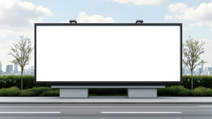 Fototapeta premium A large blank billboard stands roadside, showcasing a city skyline in the background. Perfect for advertisement mockup. Greenery flanks the billboard.