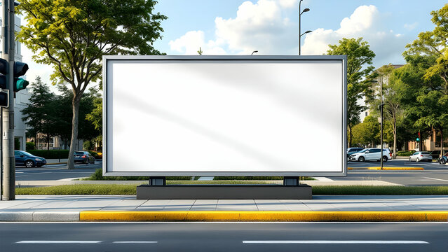 A large blank billboard stands on a city street, surrounded by trees, cars, and traffic lights. Its a sunny day with a partly cloudy sky. Ideal for advertising mockups.