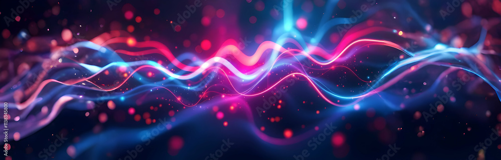 Poster abstract digital art depicting vibrant pink and blue neon waves flowing dynamically across a dark ba