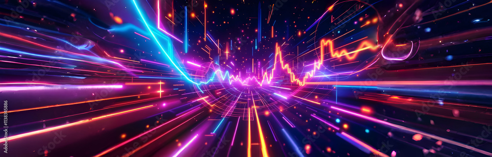 Poster vibrant neon lines and glowing data streams converge in a futuristic tunnel, creating a dynamic, abs