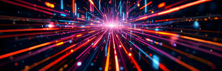 Fototapeta premium Vibrant, dynamic abstract image featuring streaks of neon light converging at a vanishing point. Suggests high speed, data flow, or a virtual reality environment. Colors are intensely bright and satur