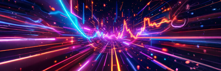 Obraz premium Vibrant neon lines and glowing data streams converge in a futuristic tunnel, creating a dynamic, abstract digital landscape with a sense of speed and energy.