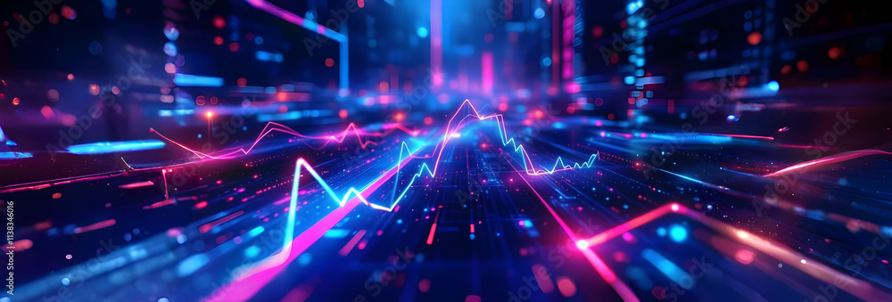 Poster neon pink and blue lines forming abstract data flow patterns on a dark background. futuristic digita