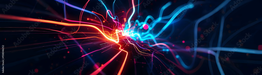 Poster vibrant red and blue neon light trails intersect and converge, creating a dynamic, energetic, futuri