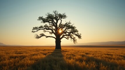 Fototapeta premium A lone tree stands tall in a field of golden grass, silhouetted against a vibrant sunset, casting a long shadow on the ground.