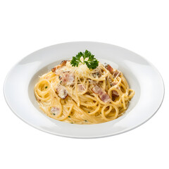 A plate of spaghetti carbonara with parmesan cheese and parsley. png isolated background. transparent background.