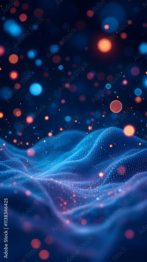 Poster a digital rendering showcases a dark blue wavy surface. glowing orange and blue particles float abov