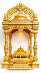 A lavish golden throne sits within an intricately carved, arched golden structure. The design is opulent and suggests Indian temple architecture.