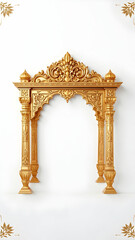 A 3D rendering of a golden ornate archway, reminiscent of Indian temple architecture. Intricate carvings and pillars are detailed against a white background.