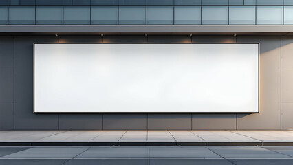 A large blank billboard mounted on a modern buildings exterior. Gray stone facade, glass balcony above. Street level view.