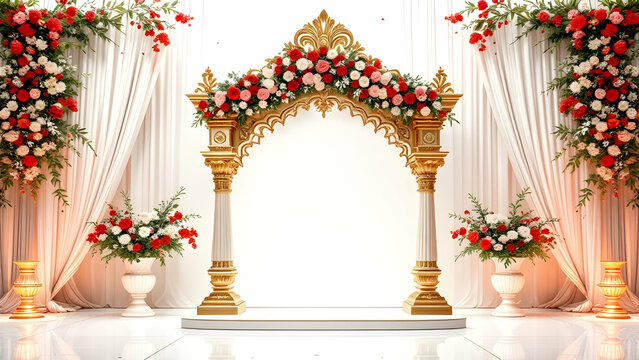 A gold and white wedding arch is adorned with lush red and white roses, flanked by matching floral arrangements in urns. White drapes create a soft backdrop.