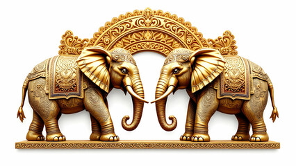 Two golden elephants with detailed carvings face each other, flanked by an ornate arched frame. Rich detail and a regal, Indianinspired aesthetic.