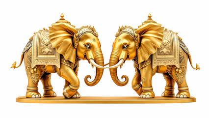 Two ornate golden elephant statues face each other on a golden base. Intricate detailing adorns their howdahs and bodies. A beautiful, symmetrical artwork.