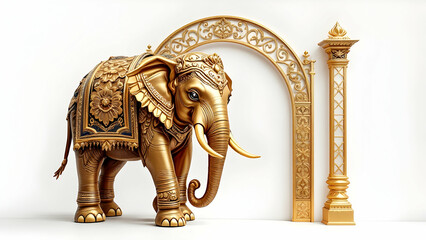 A majestic golden elephant statue, adorned with intricate carvings, stands before a golden arch and pillar. The scene is rendered in 3D against a white background, showcasing luxurious detail.