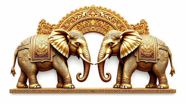 Two golden elephants with detailed carvings face each other, flanked by an ornate arched frame. Rich detail and a regal, Indianinspired aesthetic.