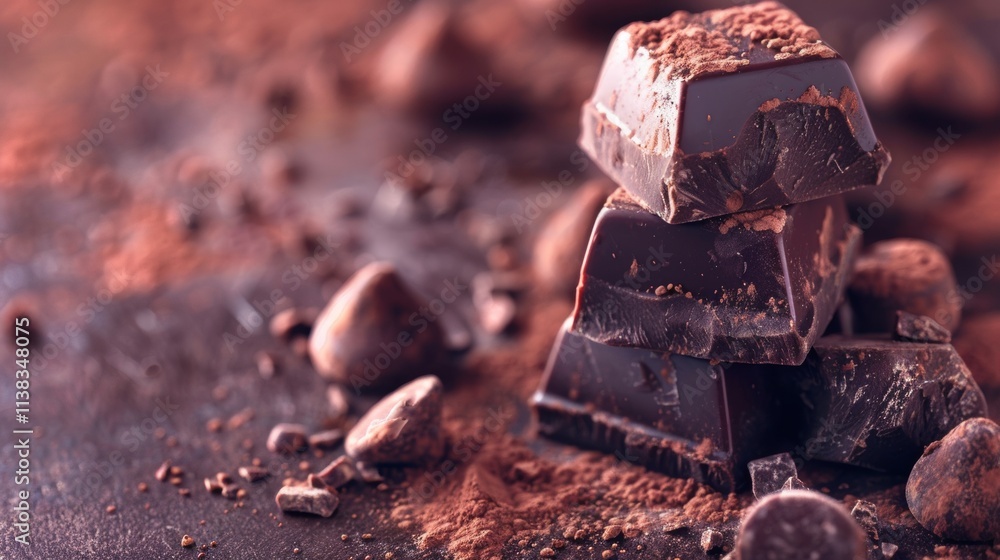 Aufkleber chunks of dark chocolate on a rustic surface with cocoa powder