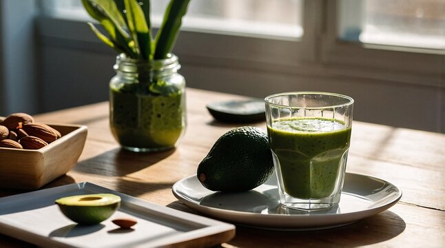 Morning refreshment on a Scandinavian table featuring a vibrant green smoothie, fresh avocado, and sprightly decor