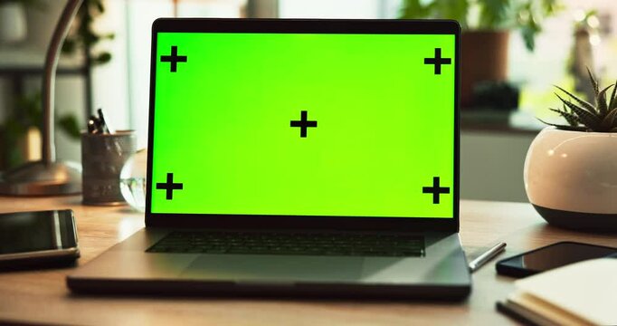 Laptop, home office and green screen with tracking markers, mockup and branding as ux or advertising. Digital, technology and connection in ui, network and internet for online, website or remote work