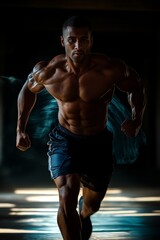 Fototapeta premium A fit athlete runs energetically with water splashing around.